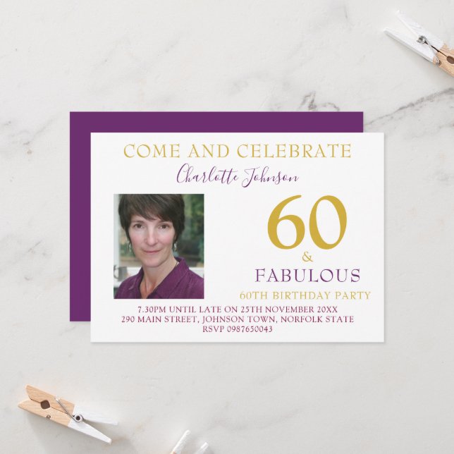 Invitation 60 et Fabulous Photo 60e anniversaire Or violet (Devant/Arrière en situation)