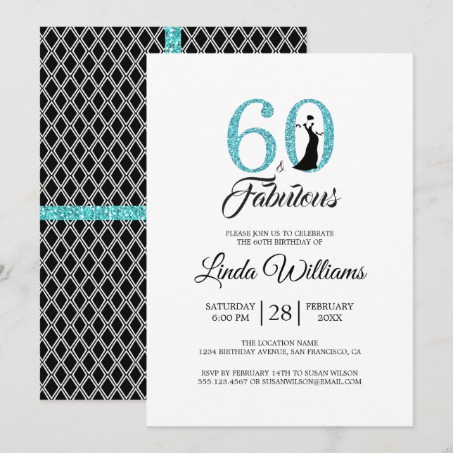 Invitation 60 Fabuleuse Parties scintillant bleue 60e fête d' (Devant / Derrière)