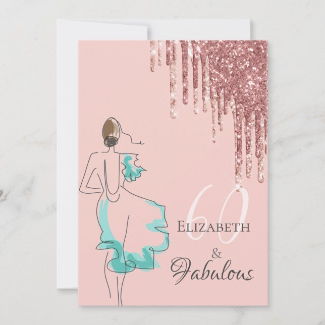 Invitation 60 fabuleux fête d'anniversaire rose parties scint (Devant)