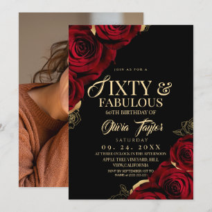 Invitation 60 & Fabuleux Rouge Floral Élégant Anniversaire