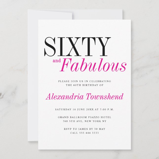 Invitation 60 & Fabulous Modern Pink Typography 60th Birthday (Devant)