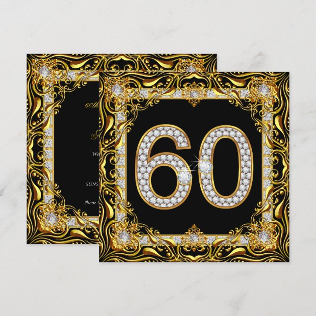 Invitation 60 Gold Diamond Noir 60e fête d'anniversaire (Devant / Derrière)