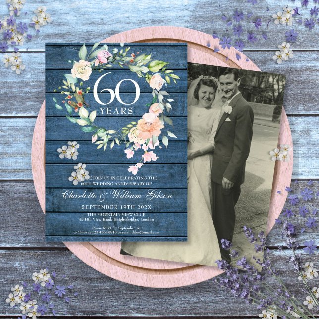 Invitation 60e 75e Anniversaire de Mariage Photo Florale Rust (60th 75th Anniversary Wedding Photo Floral Rustic Invitation)