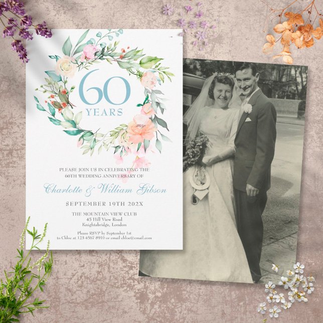 Invitation 60e | 75e anniversaire de votre Mariage Roses phot (Créateur téléchargé)