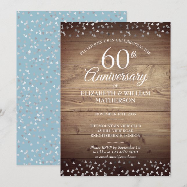 Invitation 60e Anniversaire Amour Coeurs Confetti Bois rustiq (Devant / Derrière)