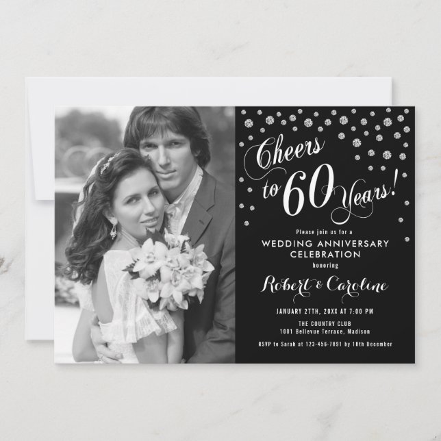 Invitation 60e anniversaire avec photo - Noir Blanc Argent (Devant)