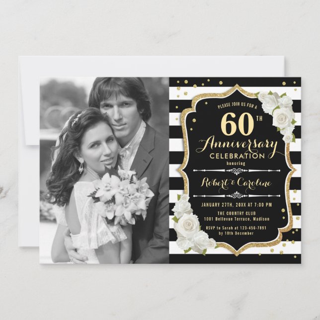 Invitation 60e anniversaire avec photo - Or Noir (Devant)
