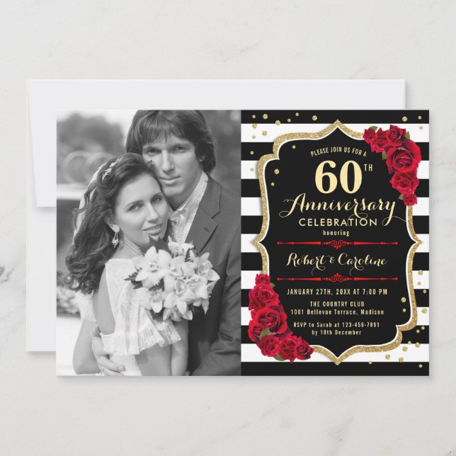 Invitation 60e anniversaire avec photo - Or Noir Rouge (Devant)