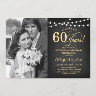Invitation 60e anniversaire avec photo - Tableau noir et or