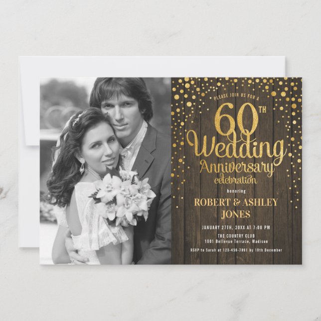 Invitation 60e anniversaire avec photo - Wood Gold (Devant)