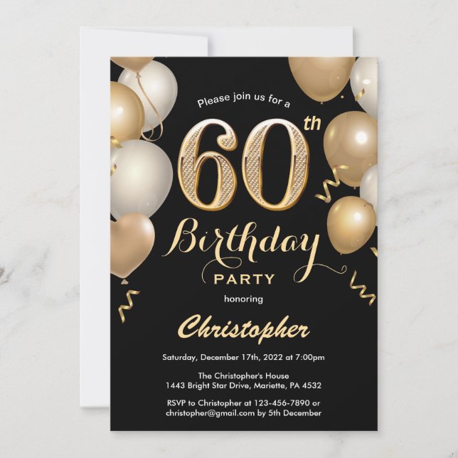 Invitation 60e anniversaire Ballons Noir et Or Confetti (Devant)