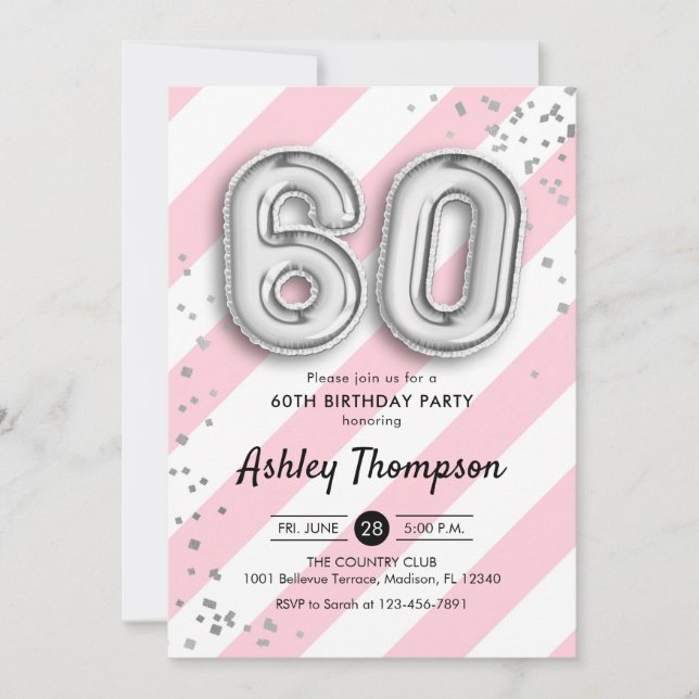 Invitation 60e anniversaire - Ballons roses et Ballons d'arge (Devant)