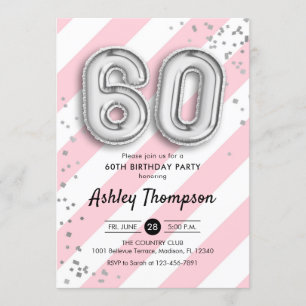 Invitation 60e anniversaire - Bandes roses et ballons argenté