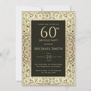 Invitation 60e anniversaire Black Gold Flowers Élégant Vintag
