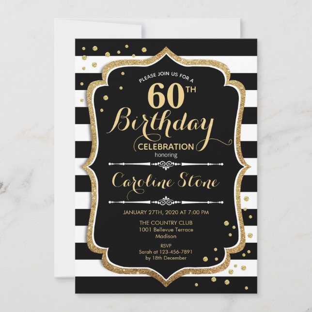 Invitation 60e anniversaire Black White Stripes (Devant)