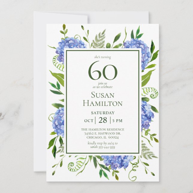 Invitation 60e anniversaire Blue Hydrangeas (Devant)