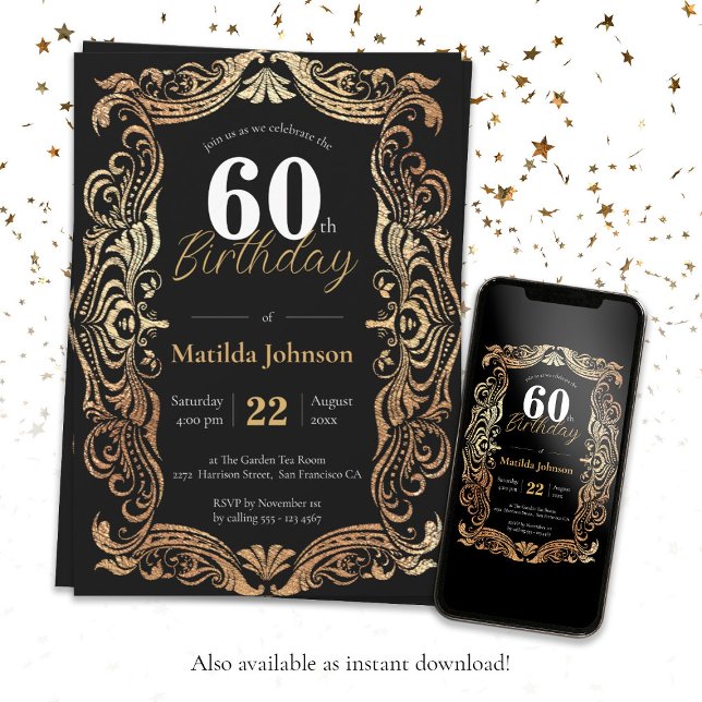 Invitation 60e Anniversaire Boho Noir Noir Glamour Élégant (60th Birthday Gold Black Boho Glamorous Elegant Invitation)