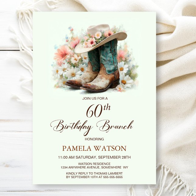 Invitation 60e anniversaire Bottes de fille Anniversaire Brun (Créateur téléchargé)