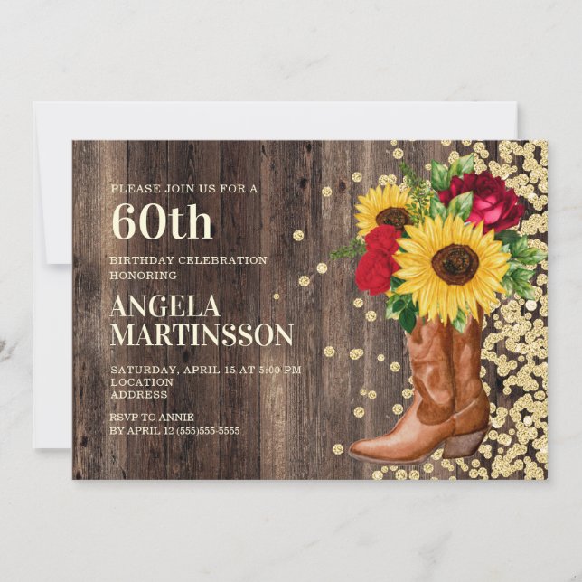 Invitation 60e anniversaire Bottes rustiques tournesol Roses  (Devant)