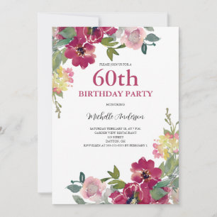 Invitation 60e anniversaire Bourgogne Floral Aquarelle