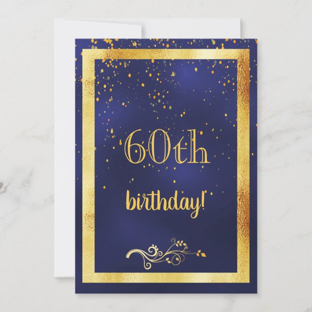 Invitation 60e anniversaire cadre or de fête bleu (Devant)