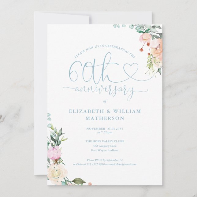 Invitation 60e Anniversaire Cardiogramme Cardiaque Floral Mon (Devant)