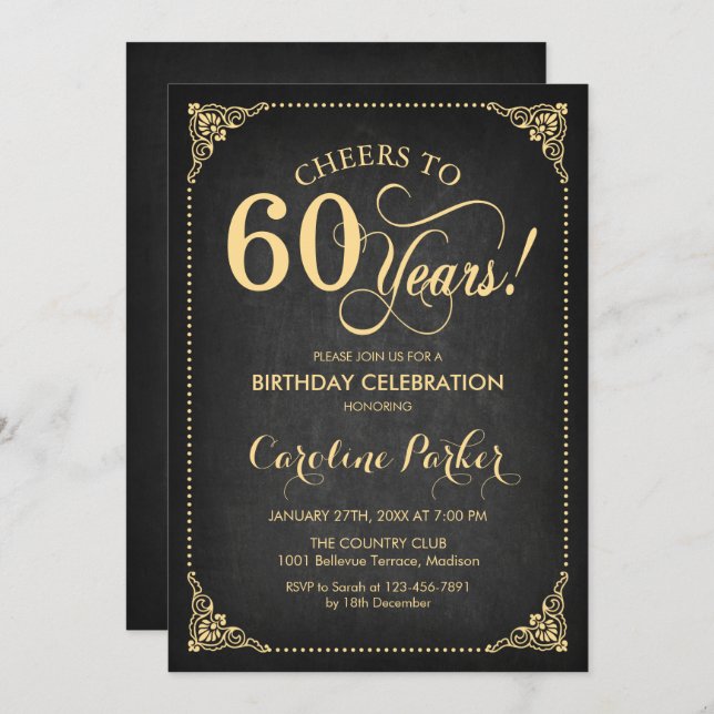 Invitation 60e anniversaire - Chalkboard Gold (Devant / Derrière)