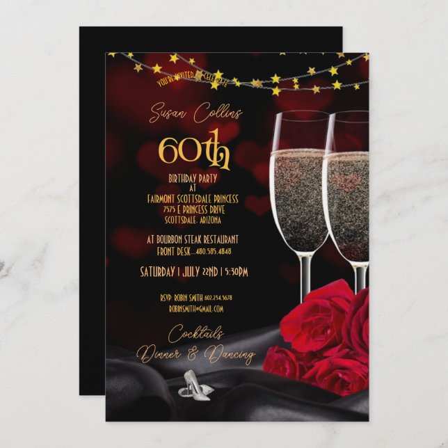 Invitation 60e Anniversaire Champagne & Rose Anniversaire Inv (Devant / Derrière)