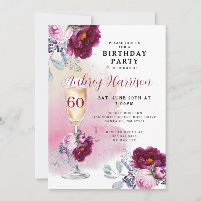 Invitation 60e anniversaire Champagne Verre Floral Anniversai (Devant)
