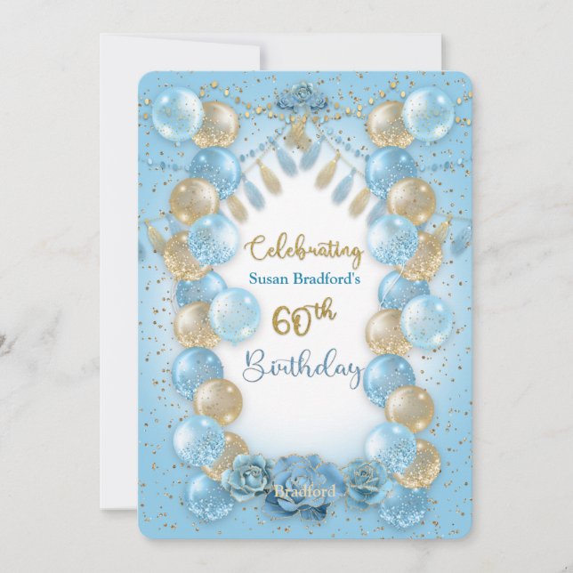 Invitation 60e anniversaire Dames Bleu Bleu Ballons d'or Desi (Devant)