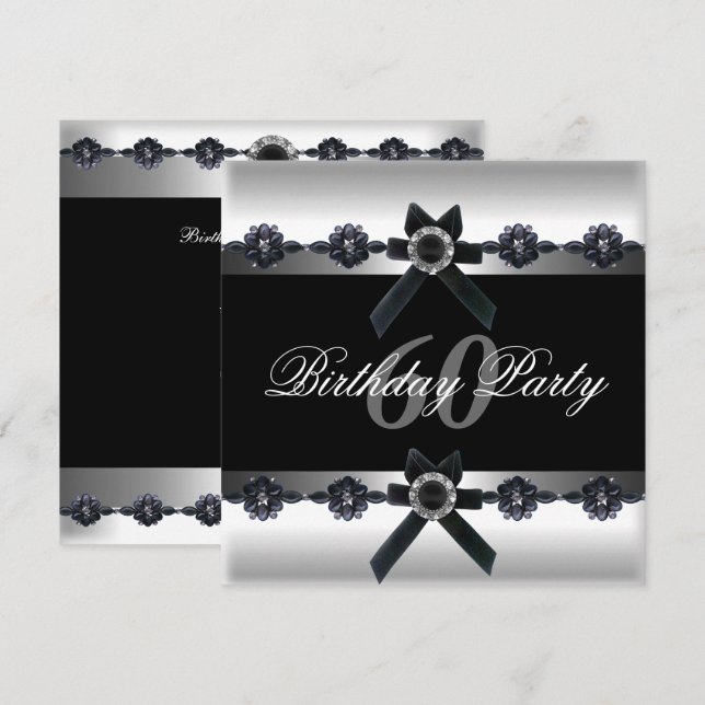 Invitation 60e anniversaire de fête Argent Noir Blanc Diamant (Devant / Derrière)