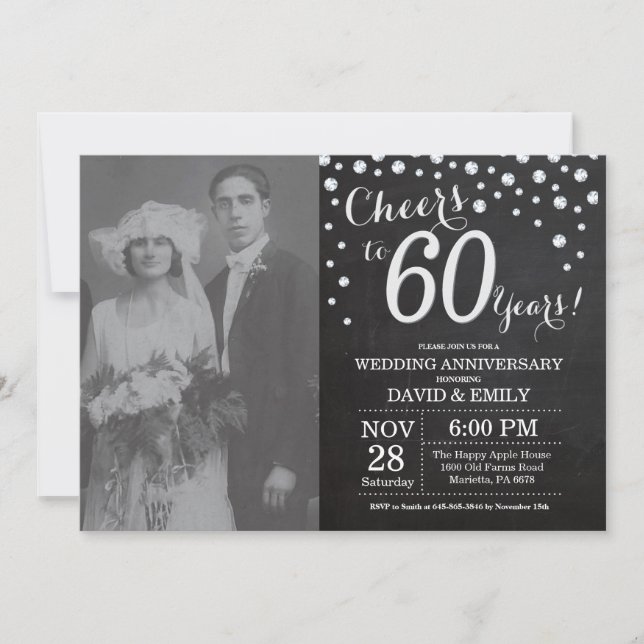 Invitation 60e Anniversaire de Mariage Ardoise Noir Argent (Devant)
