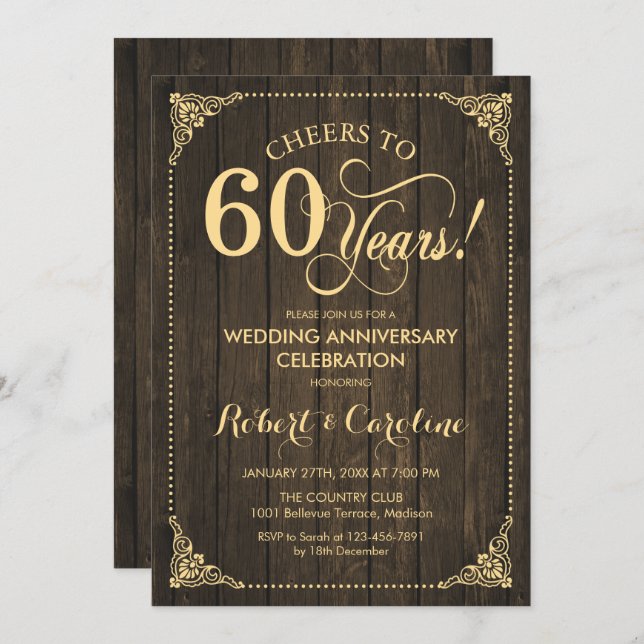Invitation 60e anniversaire de mariage - Bois doré (Devant / Derrière)
