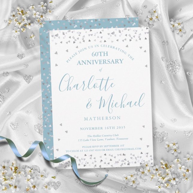 Invitation 60e Anniversaire de Mariage coeurs Confettis Signa (60th Wedding Anniversary Hearts Confetti Signature Invitation)
