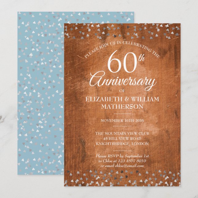 Invitation 60e anniversaire de mariage confetti bois rustique (Devant / Derrière)