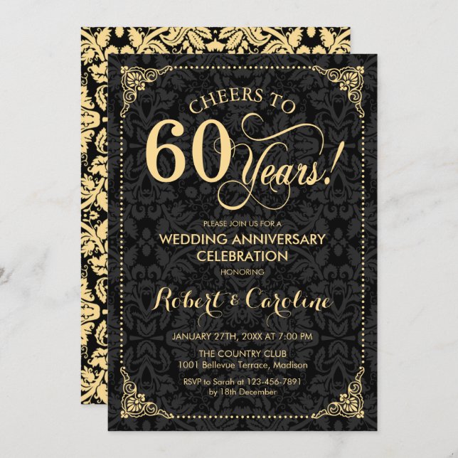 Invitation 60e anniversaire de mariage - Damask noir or (Devant / Derrière)