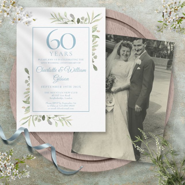 Invitation 60e Anniversaire de Mariage de Diamant Photo Feuil (60th Diamond Wedding Anniversary Photo Greenery Invitation)