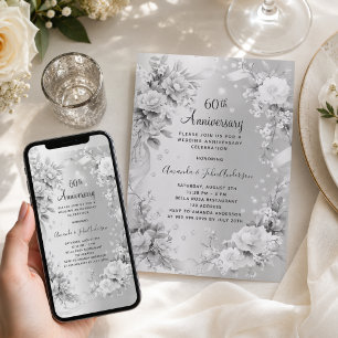 Invitation 60e anniversaire de mariage diamant argent floral