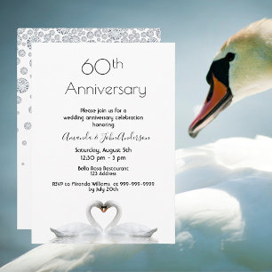 Invitation 60e anniversaire de mariage diamant deux cygnes bl