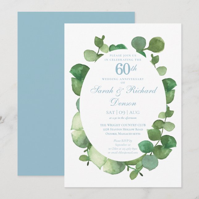 Invitation 60e Anniversaire de Mariage Diamant Eucalyptus (Devant / Derrière)
