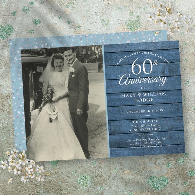Invitation 60e anniversaire de mariage photo bleue rustique (60th Diamond Wedding Anniversary Photo Blue Rustic Invitation)