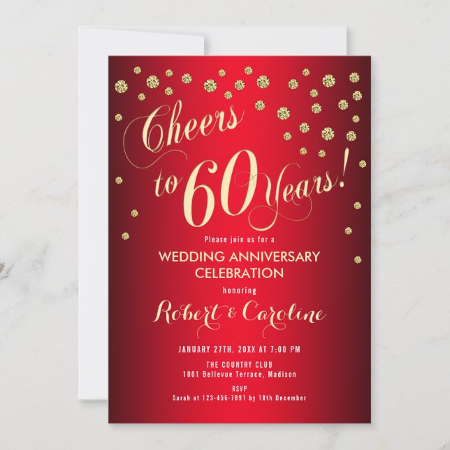 Invitation 60e anniversaire de mariage - Rouge & Or (Devant)