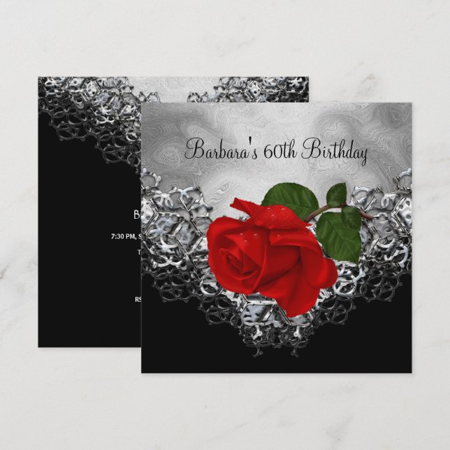 Invitation 60e Anniversaire dentelle Noir Blanc Argent Rose R (Devant / Derrière)