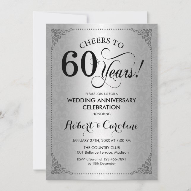 Invitation 60e anniversaire du Mariage - Argent noir Damas (Devant)