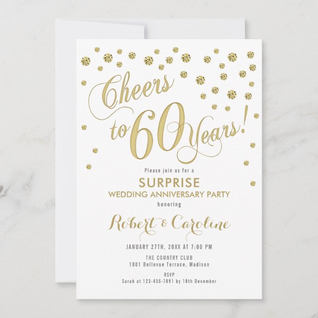Invitation 60e anniversaire du Mariage surprise - Blanc & Or (Devant)
