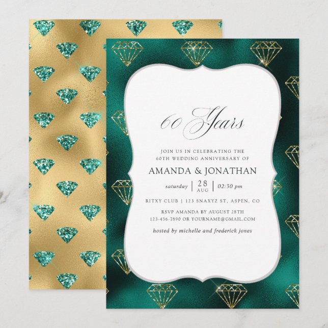 Invitation 60e anniversaire du Mariage turquoise et Gold (Devant / Derrière)
