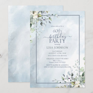 Invitation 60e anniversaire Dusty Blue Botanical Greenery