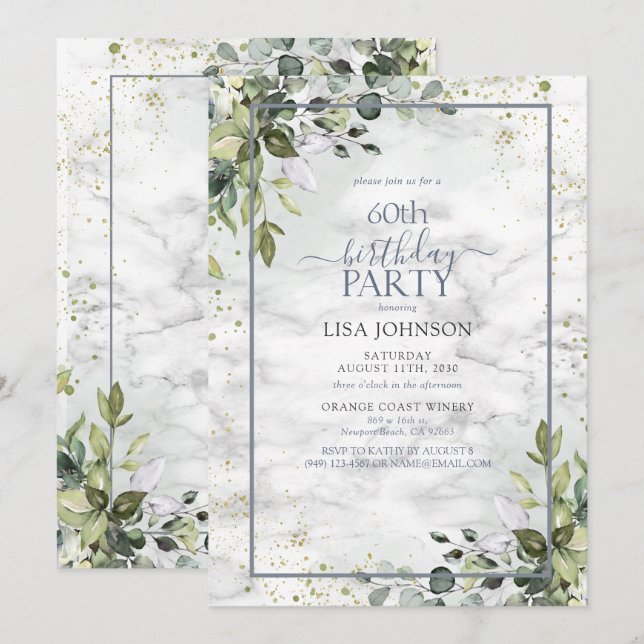 Invitation 60e anniversaire Dusty Blue Eucalyptus verdure (Devant / Derrière)