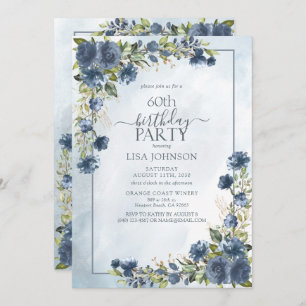 Invitation 60e anniversaire Dusty Blue Watercolor Floral