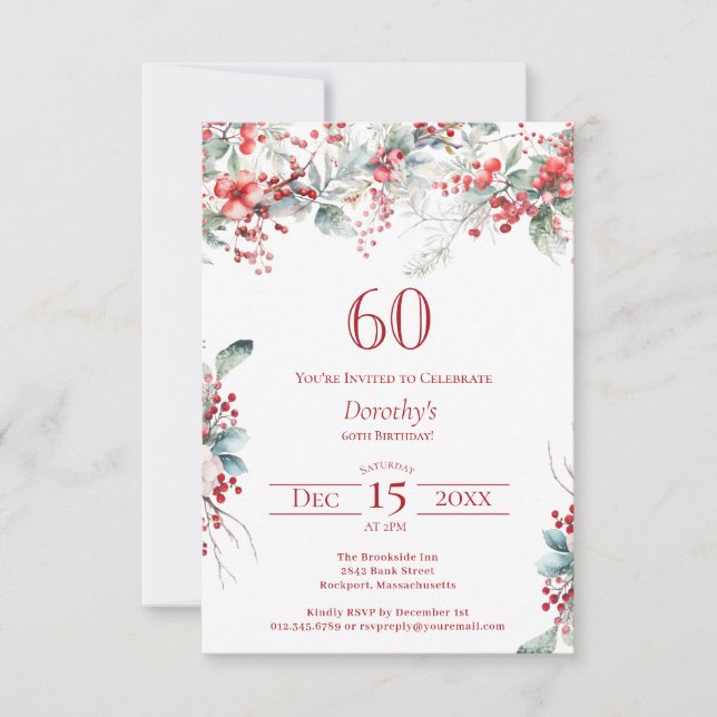 Invitation 60e anniversaire Elégant Berry d'hiver Botanique (Devant)